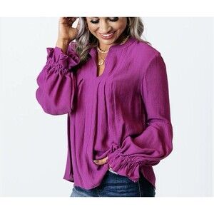 NWT Flawless Fuchsia Pink Long Sleeve V-Neck Top Gauze Bell Sleeve Size Large